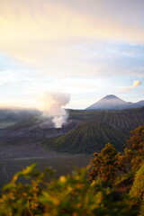 Vertical sunrise landscape view of active Mount Bromo crater emitting smoke alongside Mount Batok and Mount Semeru, East Java, Indonesia © Danang