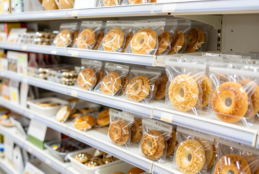 Packaged bakery products on supermarket shelves, convenience food and grocery shopping, retail display of fresh pastries
