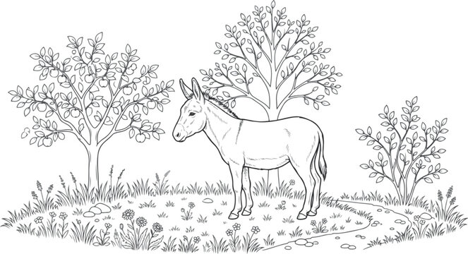 Line art outline of a donkey standing in a nature landscape with trees