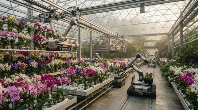 Automated Robotic Arms Caring for Orchids in a Futuristic High-Tech Greenhouse Nursery Environment