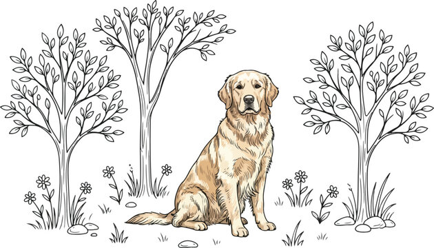 Colored golden retriever dog sitting among line art trees illustration