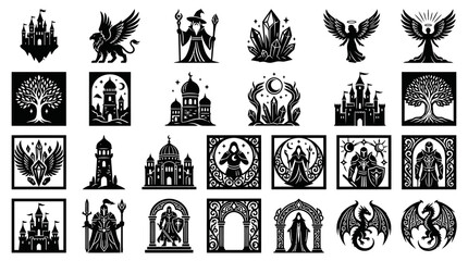 Fototapeta premium Fantasy Mythology Black and White Silhouette Vector Icons Set: Castles, Dragons, Wizards, Angels, Tree of Life, Crystals