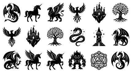 Fototapeta premium Fantasy Icons: Dragons, Unicorns, Castles, Phoenix, Tree, Monster, Magic Circle
