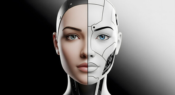 Conceptual illustration showing the transition between a human face and a robotic android face