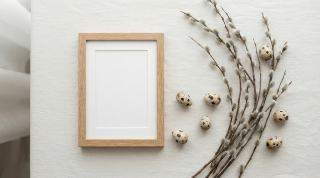 Empty wooden picture frame with easter quail eggs and pussy willow branches