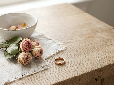 Rose gold wedding ring on rustic wooden table surface next to bouquet of dried pink roses, white ceramic bowl with petals, and frayed linen napkin in soft daylight.