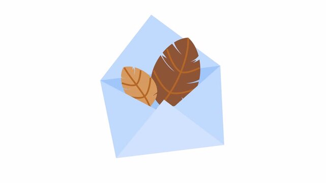 Open light blue envelope with autumn feathers cartoon animation isolated on an alpha channel for fall message concept and Thanksgiving newsletter element.