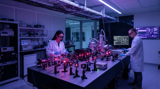 Two scientists conducting experimental physics research using advanced red laser optics in a lab.