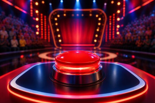Red buzzer button on illuminated game show stage with audience