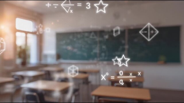 Empty classroom with physics equations on chalkboard during golden hour sunlight. Bright educational space with math formulas and warm natural lighting.