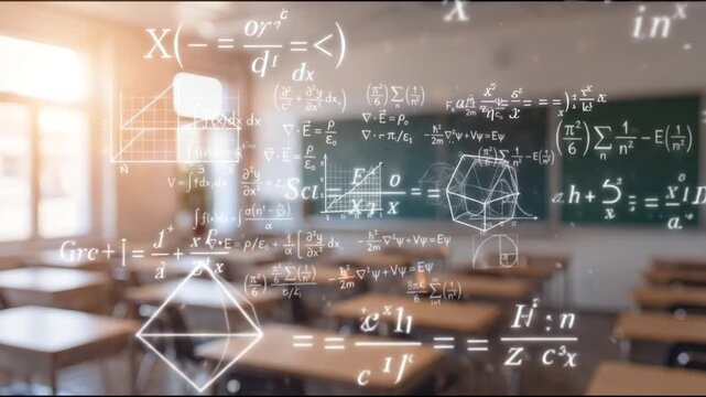Empty classroom with physics equations on chalkboard during golden hour sunlight. Bright educational space with math formulas and warm natural lighting.