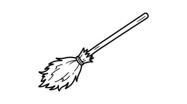 A simple black and white line illustration of a witch's broomstick. Ideal for Halloween designs, spooky themes, magic concepts, and children's coloring pages.