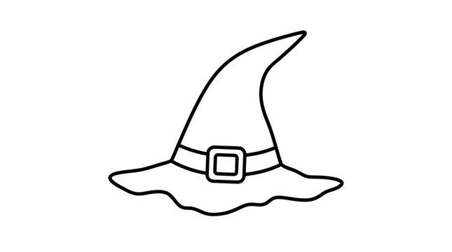 A simple black and white line drawing of a classic witch hat with a buckle. Perfect for Halloween themes, coloring pages, or spooky seasonal decorations.