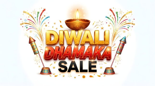 Diwali dhamaka sale banner with traditional diya lamp and colorful fireworks isolated on white background