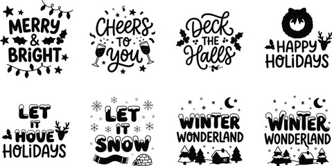 Christmas hand lettering quotes set, 8 holiday typography vector designs, black winter greetings for cards and crafts © Ali