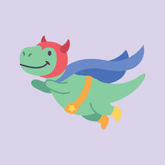 Fototapeta premium Little green t-rex dinosaur flying in superhero costume