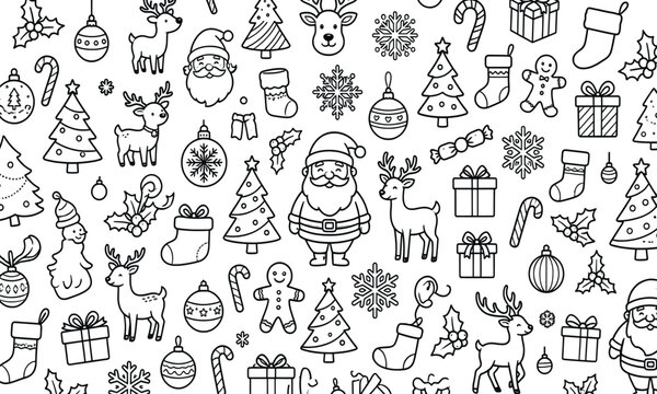 Christmas line art pattern, festive holiday icons background, black and white winter doodle vector, Santa and reindeer seamless wallpaper