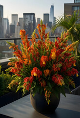 Fototapeta premium Urban rooftop garden with vibrant tropical flowers, city skyline background, outdoor living and modern lifestyle