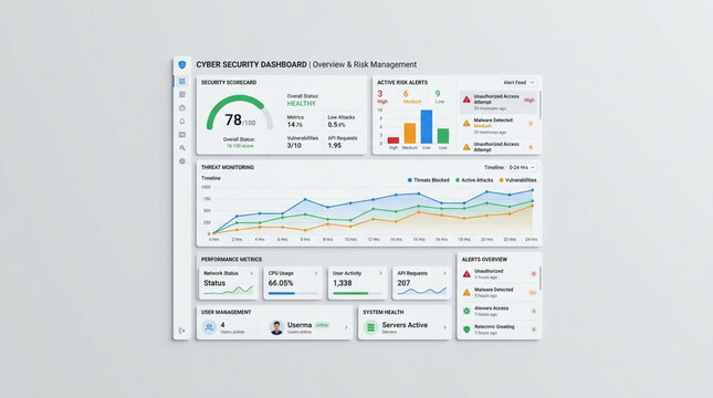 Cyber security dashboard interface with threat monitoring and risk management analytics
