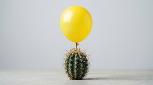 A yellow balloon balanced on top of a green cactus against a light grey background