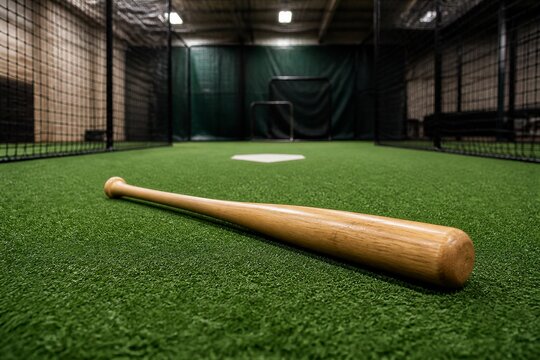 Wooden baseball bat lying on turf inside batting cage