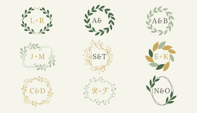 Collection of various floral wreath and frame logos with monograms suitable for weddings or elegant branding designs.