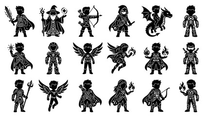 Fototapeta premium Fantasy Hero Silhouettes: Warriors, Wizards, Dragons Mythical Characters - Black White Vector Art