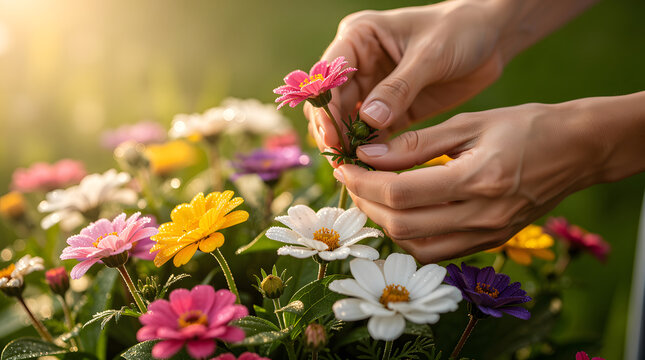 Gardener hands carefully tending to colorful blooming flowers in a garden bed during a bright sunny spring afternoon.