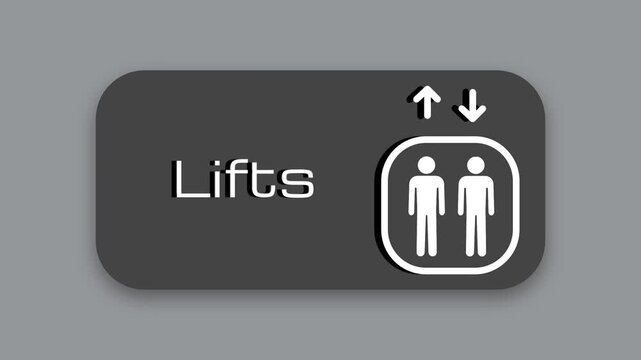 A dark gray wayfinding sign labeled Lifts featuring small up and down arrows next to a white elevator icon showing two standing people figures nearby