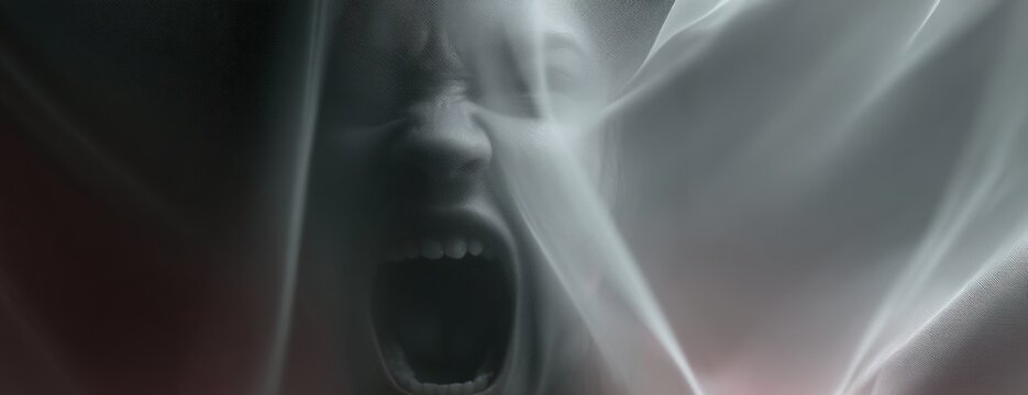 Terrifying face screaming through translucent fabric with a dark background  