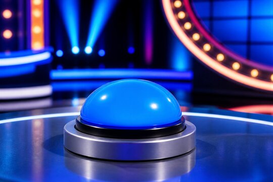 Large blue buzzer button on game show stage