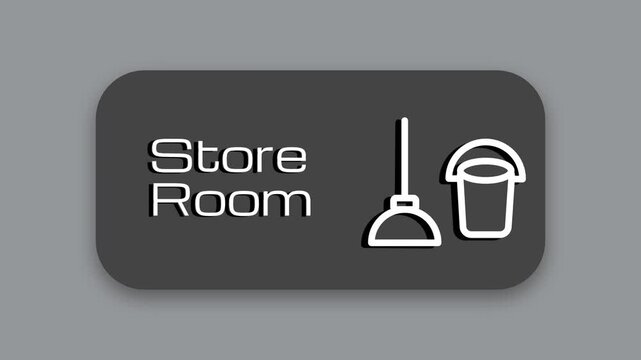 A dark gray wayfinding sign labeled Store Room featuring a small white broom and bucket icon representing cleaning supplies stored nearby inside room