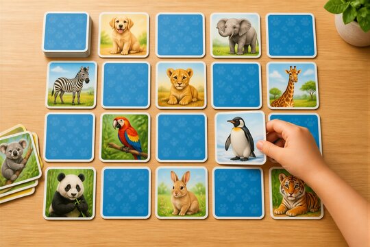 Child selecting animal card during memory game on table