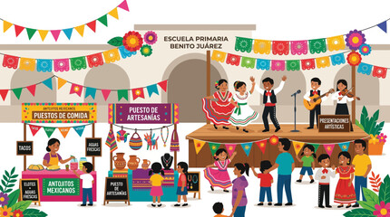 Naklejka premium Mexican School Festival: Children Dancing, Music, Food & Craft Stalls