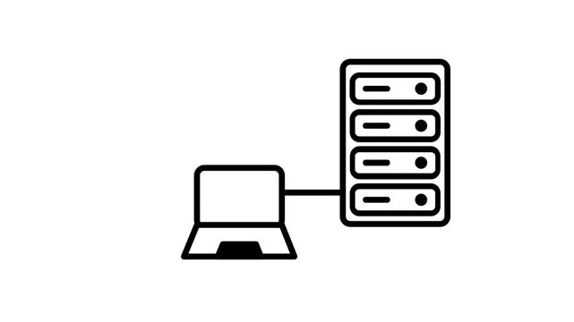 A black and white line drawn icon showing a laptop computer connected by a short cable to a tall multi tier server rack tower standing right beside it