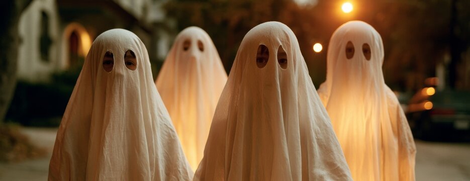 Group of children dressed as ghosts in white sheets at night on Halloween street