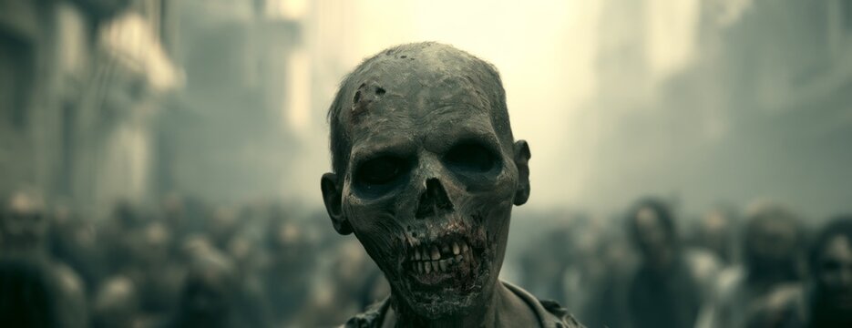 Zombie walking through a desolate street in a post-apocalyptic scene  