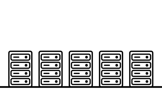 A row of five identical black and white line drawn icons depicting stacked server rack towers standing evenly side by side on a plain background below
