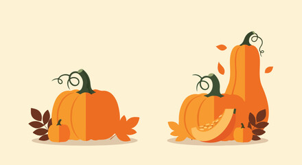 Fototapeta premium This vector illustration features stylized pumpkins, autumn leaves, and a pumpkin slice arranged in two groups on a warm, neutral background.