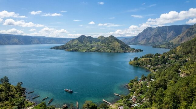 Stunning Panoramic Aerial View of Lake Toba and Samosir Island in North Sumatra, Indonesia Landscape