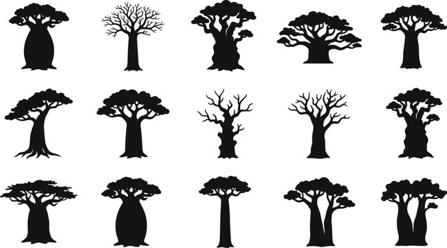 Baobab tree silhouette collection, African savanna landscape and ancient tree icons set, vector illustration bundle design graphics