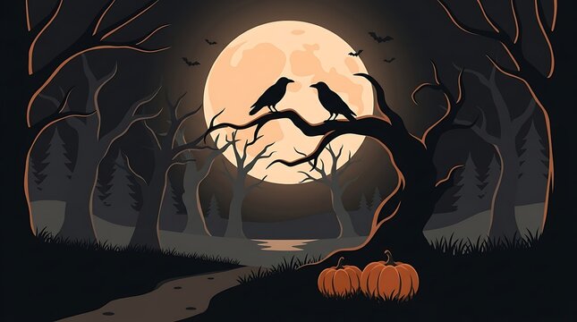 Dark halloween night scene with crows on a spooky tree and pumpkins
