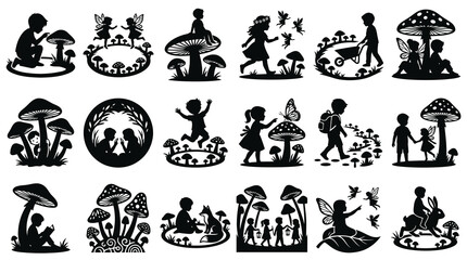 Fototapeta premium Magical Forest Silhouettes: Fairies, Kids, Mushrooms, Enchanted Nature Art