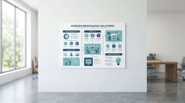 Modern infographic solutions poster mounted on a clean white office wall