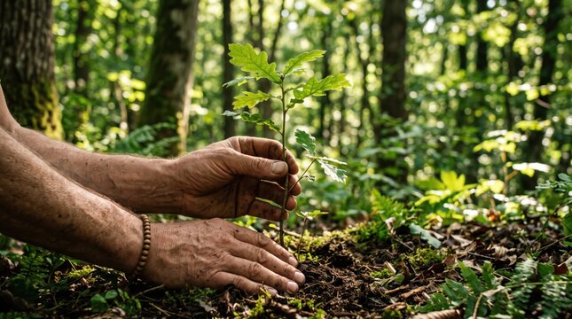 Close up of senior hands planting a young oak sapling in forest soil, reforestation project, environmental conservation, sustainable ecology, nature preservation