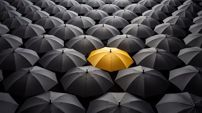 Bright yellow umbrella standing out amongst many black umbrellas for uniqueness and leadership concept