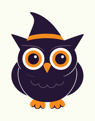 Fototapeta premium Simple of a cute owl wearing a witch hat, colored in dark purple and orange, with large eyes and a minimalist isolated on a white background, halloween themed ataullahakram01