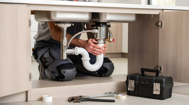 Plumber working underneath a kitchen sink while repairing household plumbing fixtures and drainage pipes.