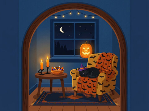 Cozy Halloween Interior with Black Cat Sleeping on Armchair and Carved Pumpkin