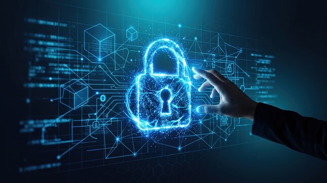 Hand touching glowing virtual padlock icon on digital interface, symbolizing cybersecurity, data protection, and internet safety. Futuristic blue neon lock, encryption key
